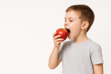 Healthy eat habits, childhood nutrition. Happy little boy taking large bite out of fresh red apple. Natural, healthy snacks and organic food. Child enjoys juicy fruit. Banner with copy space