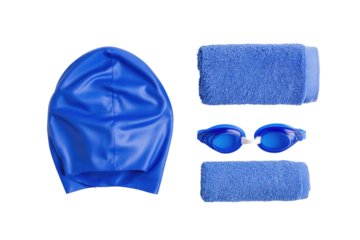Swimming Essentials: A curated assortment of swimming gear featuring a blue cap, two fresh towels, and a pair of swimming goggles, designed to get ready for swim.
