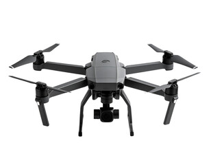 Quadcopter Drone with Camera Gimbal, Front Hovering View, Isolated on White Background 