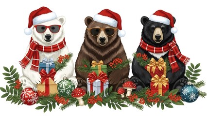 Adorable bear figures wearing Santa hats and sunglasses surrounded by colorful Christmas ornaments.