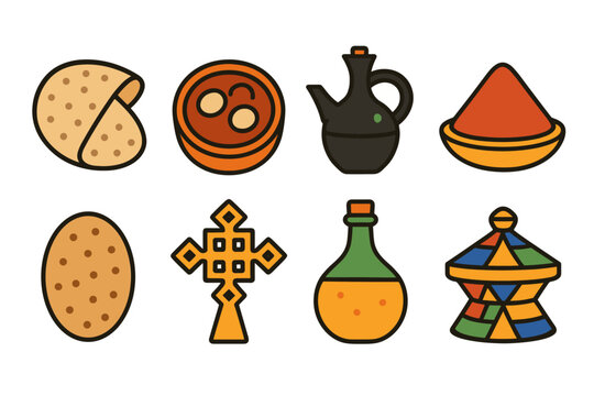 Ethiopian cultural icons featuring traditional food and artifacts