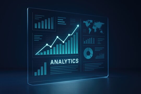 Digital data analysis screen showing business growth charts and world map visualization. - Powered by Adobe