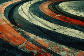 Fototapeta premium Tire tracks create colorful skid marks on a racetrack, suggesting speed, competition, and the thrill of motorsports