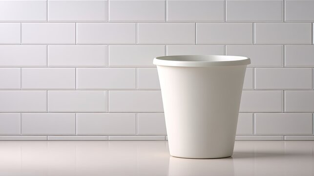Minimalist White Trash Bin Against Clean White Subway Tile Background in Modern Interior Setting with Smooth Flooring and Soft Lighting