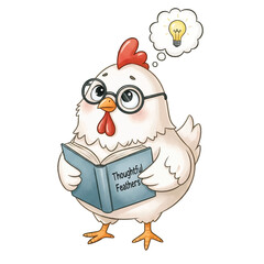 Smart Chicken with Glasses Reading Book and Idea Illustration