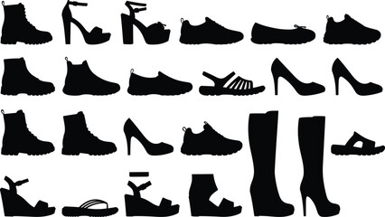 Shoe silhouette, footwear illustration, fashion design, sneakers icon, boots vector, sandals outline, high heels, loafers, black silhouette, style