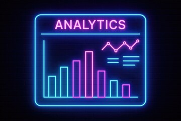 Glowing neon sign displaying data analytics and a bar chart for business insight analytics.
