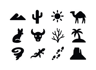 Fototapeta premium Desert Icon Array. Desert. Solid icon set of Desert: sand dune,