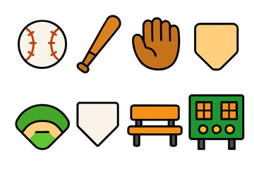 Baseball equipment and field icons on white background