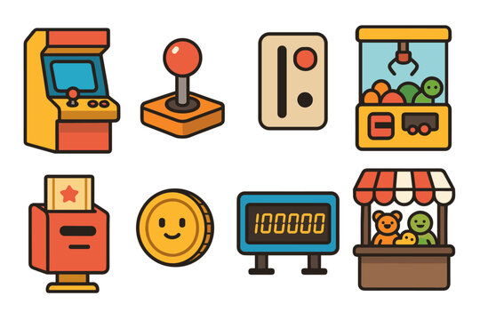 Colorful arcade game icons featuring joystick claw machine and prize counter