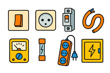 Colorful electrical icons set with outlets, switches, and cables illustrations