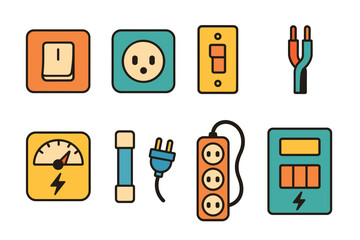 Colorful electrical components illustration featuring plugs, switches, and cables