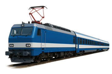 Blue electric passenger train with pantograph and multiple cars traveling on railroad tracks, isolated on transparent background