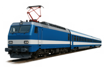 Blue electric passenger train with pantograph and multiple cars traveling on railroad tracks, isolated on transparent background