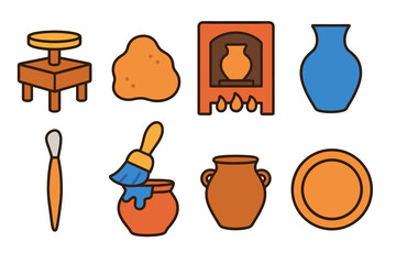 Vector icons of pottery tools and clay shaping process