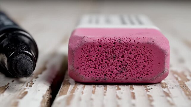 Close-up of a black marker and a pink eraser on a wooden surface.