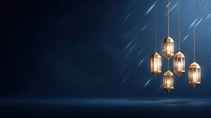 Elegant hanging lanterns casting a warm glow against a dark blue background, creating a serene atmosphere for festive or decorative occasions