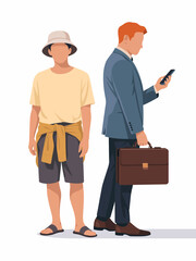 A contrasting image featuring two men, one in a suit using his phone and the other in casual attire with a bucket hat, showcasing different lifestyles and environments.