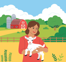 A joyful woman gently cradles a cute goat in her arms, standing in a vibrant farm setting with barns and green fields, representing love for animals and farm life.