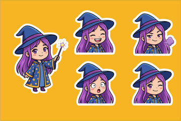  Cute Chibi Witch Sticker Set &mdash; Purple-Haired Girl with Wizard Hat & Magic Wand, Four Expressive Faces on Yellow Background