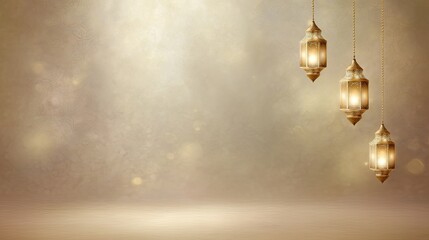 Elegant Hanging Lanterns in Soft Glow with Golden Background and Light Flare for Celebratory and Festive Atmospheres