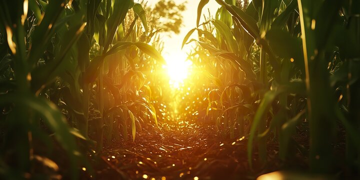 Serene cornfield at sunset with warm sunlight filtering through lush green leaves and rustic soil. - Powered by Adobe