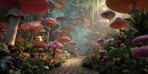 Wonderland landscape with giant mushrooms