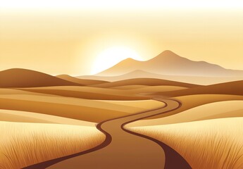 Desert landscape with winding road, golden sunset, and majestic mountains in the background, serene and peaceful atmosphere.