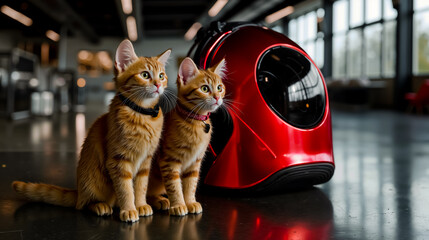 Two orange tabby cats sitting next to a red robotic pet carrier