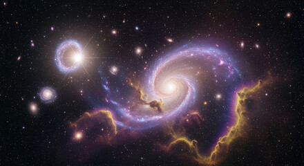 Image of a distant spiral galaxy with swirling arms, numerous stars, and glowing nebula, showcasing cosmic beauty, vastness, and interstellar phenomena