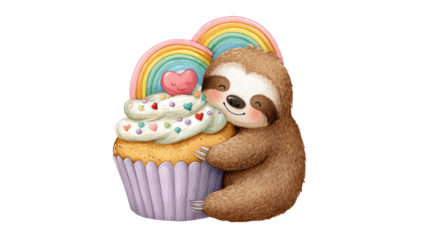 cute carttoon sloth hanging colorful cupcake with rainbow decoration adorable playful illustration isolated on white background