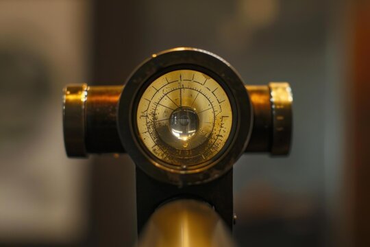 Close up of antique surveying equipment, highlighting the lens and measurement graduations
