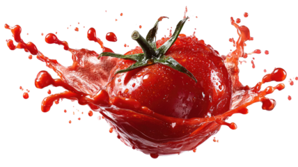 fresh red tomato splashing with ketchup droplets dynamic food motion realistic illustration isolated on white background