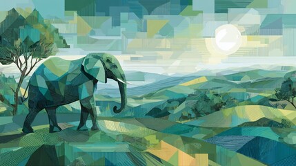 Geometric elephant in green landscape with bright sun, polygonal style