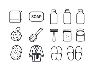 Bath Essentials Icons. Bath essentials. Line icon set of bath es