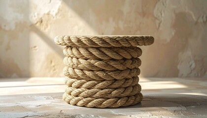 Natural rope pedestal display on textured background with sunlight