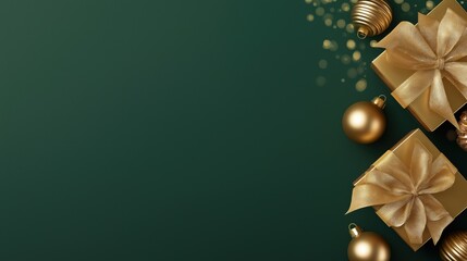 Green Luxury Christmas Background with Gold Gifts – Wide  Copy Space