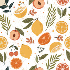 Bright, playful pattern featuring lemons, oranges, peaches, cherries, and leafy branches.