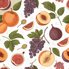 Colorful Fruit Pattern With Grapes, Peaches, Oranges And Figs for Food, Pattern and Kitchen Designs