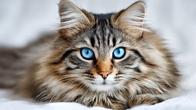 Fluffy Tabby Cat with Striking Blue Eyes Portrait