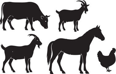 Fototapeta premium Farm Animal Silhouettes Collection Rustic Livestock Shadow Art Classic Farm Animals Vector Set