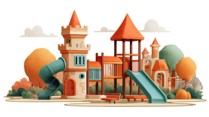 A vibrant cartoon vector illustration of a medieval fantasy castle with towers, flags, windows, and a door on a hill