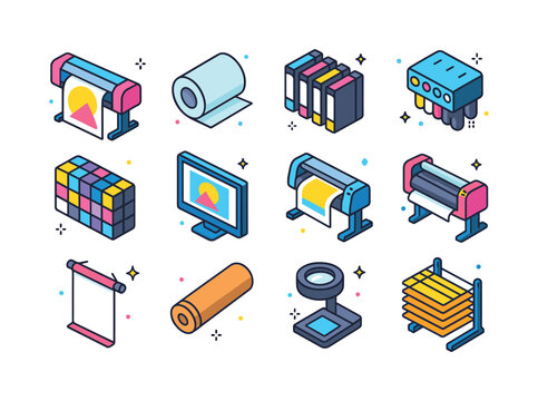 Colorful Printing Icons Set. Large Format Printing. Colorful iso