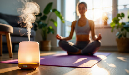 An aroma diffuser emitting steam in cozy the living room, and a woman sits in a meditation pose on a yoga mat in the background. Morning wellness practice and mindfulness