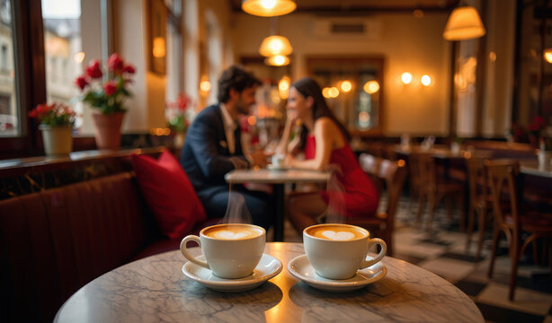Cozy cafe interior on Valentine's Day, two steaming coffee cups with heart-shaped latte art on a marble table and a blurred couple on a date in the background. Romantic, warm holiday ambiance