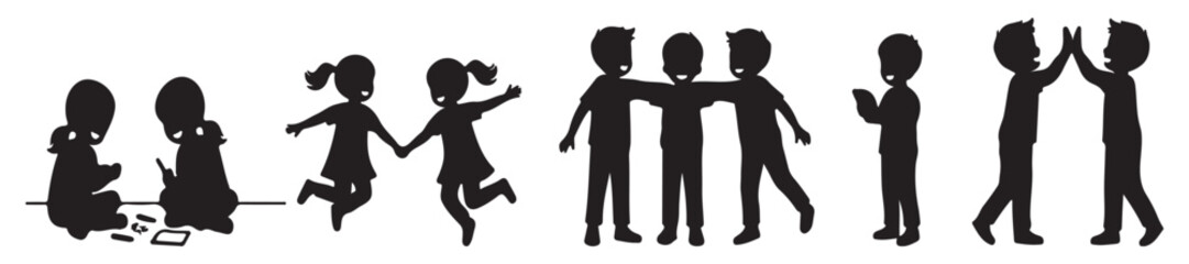 Silhouettes of children playing and interacting, showing friendship and social development stages.