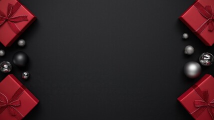 Luxury Black Christmas Background with Red Gift Boxes and Festive Decorations, Wide  Copy Space