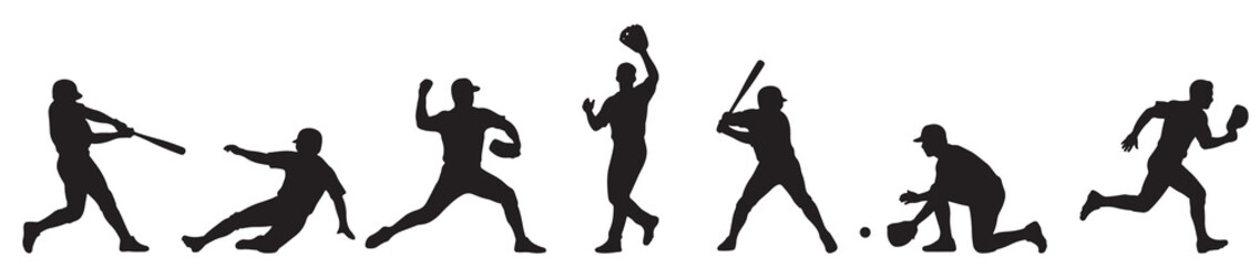 Dynamic black silhouettes of baseball players performing various actions on a white background.