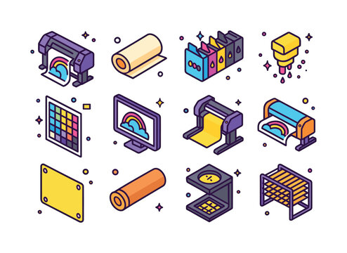 Colorful Printing Icons Set. Large Format Printing. Colorful iso
