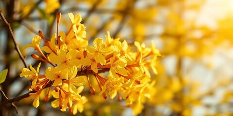 Obraz premium Golden trumpet blooms sway gently in spring sunlight, a symbol of rebirth and new beginnings, outdoor, trumpet